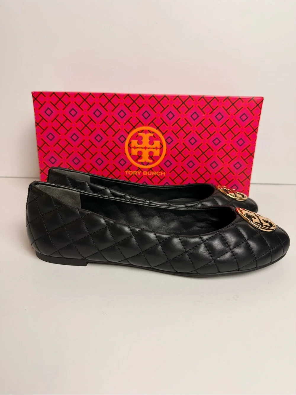 Tory Burch Chelsea Quilted Ballet Flats Black Nappa Leather Gold Logo Shoes 8.5